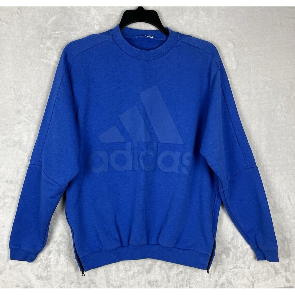 Vintage ADIDAS Sweatshirt Men Large Blue Terry Cloth Side Zip Crew Neck Graphic